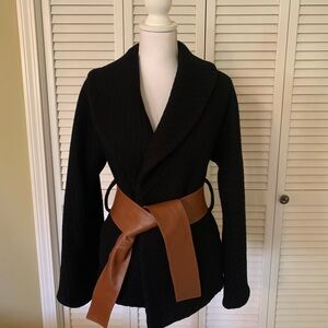 Smythe Les Vestes Black Belted Wool Blend Wrap Jacket with Brown Belt